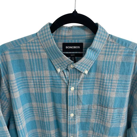Bonobos Slim Fit Pure Cotton Long Sleeve Button Down Gray Blue Plaid Mens XL - Picture 3 of 6